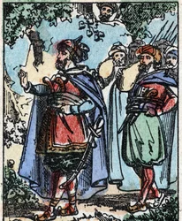 Ilustracja do Opowieści z tysiąca i jednej nocy. Ali-Baba (Ali Baba).Grawerowanie na drewnie firmy Imaging Pellerin - Epinal, sd. Koniec XIX wieku.