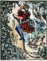 Ilustracja do Opowieści z tysiąca i jednej nocy. Ali-Baba (Ali Baba).Grawerowanie na drewnie firmy Imaging Pellerin - Epinal, sd. Koniec XIX wieku.