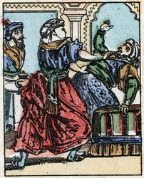 Ilustracja do Opowieści z tysiąca i jednej nocy. Ali-Baba (Ali Baba).Grawerowanie na drewnie firmy Imaging Pellerin - Epinal, sd. Koniec XIX wieku.