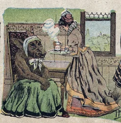 Ilustracja do bajki „Piękna i Bete”: musiała otoczyć swoją opieką długie tygodnie. Grawerowanie wizerunków Quinna, około 1890 r.