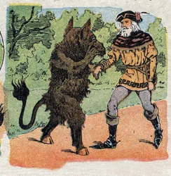 Ilustracja do bajki „Piękno i Bete”: Bete pyta kupca, zrywając po prostu różę, życie jego lub jednej z jego córek. Grawerowanie wizerunków Quinna, około 1890 r.