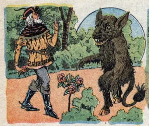 Ilustracja do bajki „Piękna i Bete”: kupiec ścina różę w ogrodzie Bete, aby sprowadzić ją z powrotem swojej córce Belle. Grawerowanie wizerunków Quinna, około 1890 r.