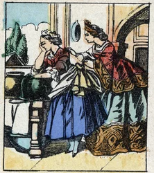 Ilustracja do bajki Charlesa Perraulta „Kopciuszek albo mały szklany pantofelek”. Drzeworyt Imaging Pellerin - Epinal, sd. Koniec XIX wieku.
