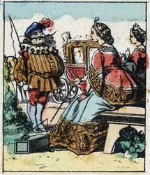 Ilustracja do bajki Charlesa Perraulta „Kopciuszek albo mały szklany pantofelek”. Drzeworyt Imaging Pellerin - Epinal, sd. Koniec XIX wieku.