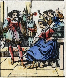 Ilustracja do bajki Charlesa Perraulta „Kopciuszek albo mały szklany pantofelek”. Drzeworyt Imaging Pellerin - Epinal, sd. Koniec XIX wieku.