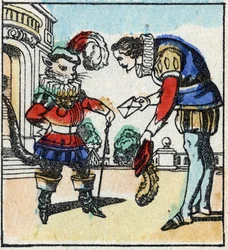 Ilustracja do bajki Charlesa Perraulta „Kot Botte”. Drzeworyt Imaging Pellerin - Epinal, sd. Koniec XIX wieku.