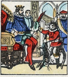 Ilustracja do bajki Charlesa Perraulta „Kot Botte”. Drzeworyt Imaging Pellerin - Epinal, sd. Koniec XIX wieku.