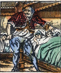 Ilustracja do bajki „Le petit poucet” autorstwa Charlesa Perraulta. Drzeworyt Imaging Pellerin - Epinal, sd. Koniec XIX wieku.