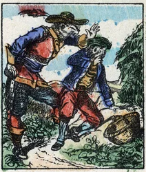 Ilustracja do bajki „Raminagrobis i myszy” Grawerowanie w drewnie firmy Imaging Pellerin - Epinal, sd. Koniec XIX wieku.