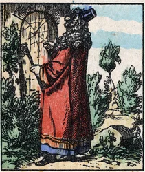Ilustracja do bajki „Raminagrobis i myszy” Grawerowanie w drewnie firmy Imaging Pellerin - Epinal, sd. Koniec XIX wieku.