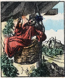 Ilustracja do bajki „Raminagrobis i myszy” Grawerowanie w drewnie firmy Imaging Pellerin - Epinal, sd. Koniec XIX wieku.