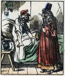 Ilustracja do bajki „Raminagrobis i myszy” Grawerowanie w drewnie firmy Imaging Pellerin - Epinal, sd. Koniec XIX wieku.