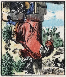 Ilustracja do bajki „Raminagrobis i myszy” Grawerowanie w drewnie firmy Imaging Pellerin - Epinal, sd. Koniec XIX wieku.
