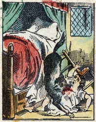 Ilustracja do bajki „Czerwony Kapturek” autorstwa Charlesa Perraulta. Drzeworyt firmy Imaging Pellerin - Epinal, sd. Koniec XIX wieku.