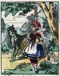 Ilustracja do bajki „Czerwony Kapturek” autorstwa Charlesa Perraulta. Drzeworyt firmy Imaging Pellerin - Epinal, sd. Koniec XIX wieku.