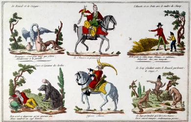 Tablica ilustracyjna do bajek autorstwa Jeana de La Fontaine (1621-1695): Lis i Bocian, Chińczyk spacerujący, Niedźwiedź i miłośnik ogrodu, Chiński oficer. Rytownictwo