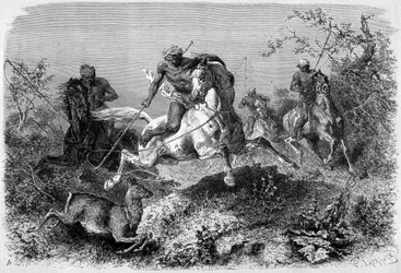 Ilustracja opublikowana w wydaniu „Le Tour du monde” z lat 1870 - 1871 przedstawiająca polowanie na daka na wyspie Borneo. Rytownictwo.