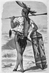 Ilustracja opublikowana w wydaniu „Le Tour du monde” z lat 1870 - 1871 przedstawiająca dajaka (rdzennego) na wyspie Borneo. Rytownictwo.