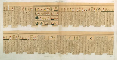 Ilustracje rękopisu Pampusa z hieroglifami, Hypogees, Teby, tablica 75 z tomu II "Opisów Egiptu", grawerowane przez Willemina, wyd. 1822 (akwatinta)