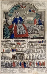 Wizerunek Epinal na Sainte Geneviève, patronki Paryża. Rycina z XIX wieku. Muzeum Notre Dame de Paris.