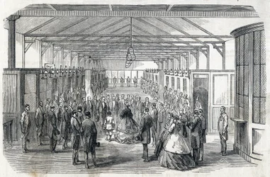 Impress Eugenie i Imperial Prince odwiedzają Bank Francji, 23 czerwca 1866 - - grawerowanie w Le MONDE Illustrous DU 07/07/1866