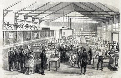 Impress Eugenie i Imperial Prince wizyta w Banque de France, 23 czerwca 1866 - druk banknotów - grawerowanie w Le MONDE Illustrous DU 07.07.1866