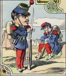 Linia piechoty. Grawerowanie w „Komiksowy alfabet wojskowy”. Piąta seria. Obrazowanie epinal. Pellerin i Cie, Drukarze, Epinal, koniec XIX wieku. 16 stron. Wymiary: 25x18,5cm