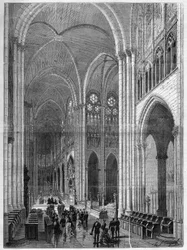 Wnętrze bazyliki Saint Denis (Saint Denis) odrestaurowane według planów Eugeniusza Viollet-le-Duc (Viollet le Duc) (1814-1879). Grawerowanie w „Wspaniałym Wszechświecie”