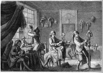 Widok wnętrza sklepu z peruką francuską za Ludwika XV (XVIII wiek). Grawerowanie przez Dargent