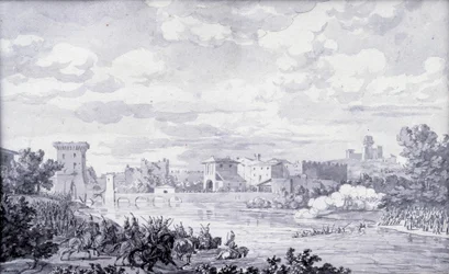 Włoska wieś: armia francuska przeszła rzekę Mincio do Borghetto w 1796 roku. Anonimowy rysunek. Paryż, Muzeum Luwr
