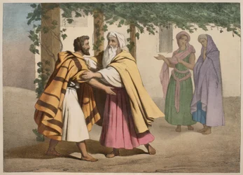 Jakub z Labanem i jego córkami, ilustracja z katechizmu LHistoire Sainte, wyd. Charles Delagrave, Paryż, koniec XIX w.