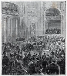 Jacques Babinet (1794 - 1872), francuski fizyk i astronom na uroczystym zebraniu pięciu akademii w 1840 r. - Grawerowanie w "Naukach dostępnych dla wszystkich - fizyka i chemia" Alexisa Clerca - koniec XIX wieku. Prywatna kolekcja.