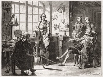 James Watt (wynalazca maszyny parowej w 1769 r.) w swoim sklepie Glascow - w „Albumie nauki”; wybitni naukowcy; Wielkie odkrycia”” 1896.