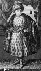 Jean-Baptiste Tavernier, grafika wykonana przez J.B. Scotina, frontispis do The Six Voyages of Jean-Baptiste Tavernier autorstwa Jean-Baptiste Tavernier, wydana 1713
