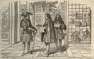 Jean Baptiste Colbert (Jean-Baptiste) (1619-1683) na spotkaniu z królem Ludwikiem XIV i Francois Louvois (1641-1691) w Wersalu - rycina wg Leclerca -