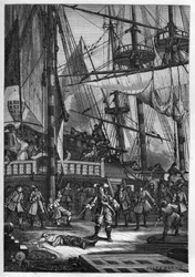 Jean Bart zabija holenderskiego kapitana „Neptuna” - Jean Bart (1650-1702) zabija holenderskiego kapitana Neptuna - rycina z „”L