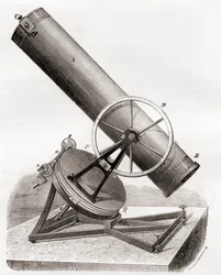 Lustro zwierciadlane Jeana Bernarda Léona Foucaulta na montażu paralaktycznym, według rysunku z XIX wieku, z Les Merveilles de la Science, wydanego ok. 1870 (rycina)