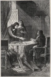 Jean Chapelain (1595-1674) francuski poeta i krytyk literacki oraz Pierre Costar (1603-1660) przekazali Jeanowi Baptiste Colbertowi (1619-1683) listę pisarzy, którzy zasługują na bycie pensjonariuszami króla - grawerowanie w „Les Hommes Celebres de la Fran