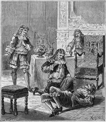 Jean de SANTEUL (Santeuil) (1630-1697) trucizny z kieliszkiem wina, do którego włożono tytoń z Hiszpanii - Grawerowanie w „Naukach udostępnionych każdemu - fizyka i chemia” Alexisa Clerca - Koniec XIX wieku - Kolekcja prywatna