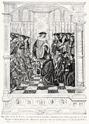 Jean le Feron (1504-70) przedstawia jedno ze swoich Dzieł królowi Henrykowi II (1519-89) z Blason dArmoires, autorstwa Jeana le Ferona, ilustracja z Nauki i literatury w średniowieczu i renesansu napisane