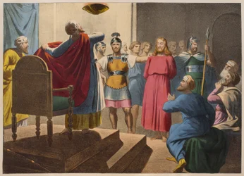 Jezus Chrystus przed Kajfaszem, ilustracja z katechizmu LHistoire Sainte, wyd. Charles Delagrave, Paryż, koniec XIX wieku