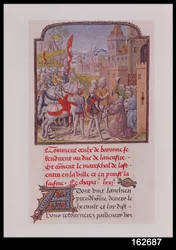Jan z Gaunt przyjmowany przez mieszkańców Bayonne u bram miejskich, z Kroniki Froissarts, koniec XV w.