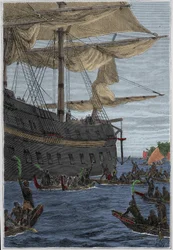 Podróż Samuela Wallisa (1728-1795) do Polinezji: rdzenni mieszkańcy trzymający w ręku gałązki bananowe na powitanie - ilustracja zaczerpnięta z „Wielkich marynarzy XVIII wieku””