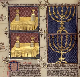 Judaizm: „”tabele propozycji i świeczniki używane w obrządkach hebrajskich”””Miniatura zaczerpnięta z „”Komentarzy biblijnych”” Nicholasa de la Lyra (XIII w.)
