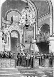 Judaizm: uroczyste przyjęcie naczelnego rabina Paryża, Zadoca Kahna (1839-1905), w synagodze przy rue Notre Dame de Nazareth, 13 stycznia 1869 r. Naczelny rabin zaintonował „Modlitwę za cesarza”. Grawerowanie w „Wspaniałym świecie” nr 615 z 23 ja