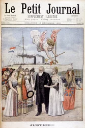 Sprawiedliwość! : Prezydent Kruger przybywający, by bronić sprawy swojego ludu w Holandii, do królowej Wilhelminy - w „Le Petit Journal” z 16.12.1900 (rycina)