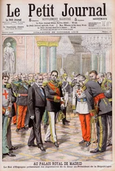 Król Hiszpanii Alfons XIII przedstawiający swój dwór prezydentowi Francji Emilowi Loubetowi w Pałacu Królewskim w Madrycie. W Pałacu Królewskim w Madrycie. Król Hiszpanii Alfons XIII przedstawiający dostojników dworskich Prezydentowi Republiki Loubet