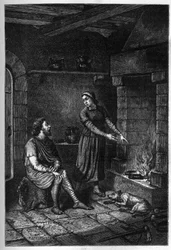 „Król Alfred Wielki (849-899) zapomina ciastka przygotowane przez duński dom pod jej dachem w Athelney i pali je, 878 (rycina)