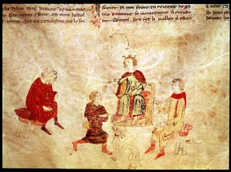Król Artur na tronie otoczony przez swoich doradców, z Roman de Meliadus