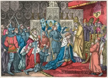 Król Karol VII (1403-1461) otrzymuje koronę w katedrze w Reims 17/07/1429 w obecności Joanny d